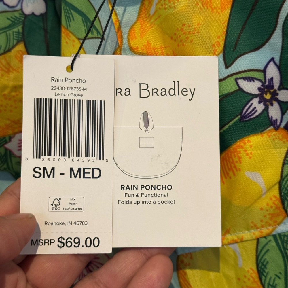 Vera Bradley Lemon Grove Hooded Rain Poncho in Mint and Yellow - Picture 5 of 6